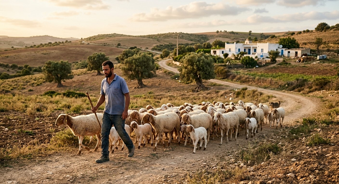 Éleveur tunisien avec son troupeau d'Ouled Djellal